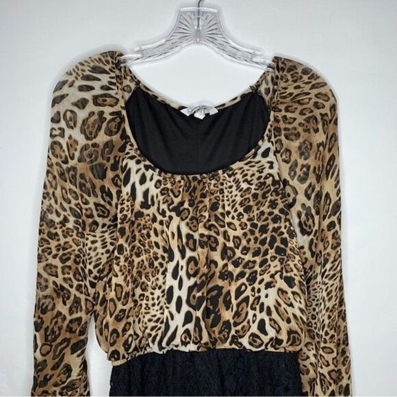Speechless Black Brown Cheetah Leopard Animal Print Long Sheer Sleeves Lace L - Picture 5 of 10